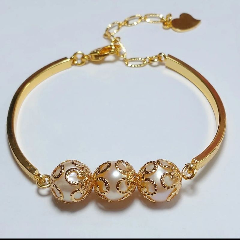 Gelang plat Rhodium lapis Emas 18 karat Mutiara Air Tawar Asli Lombok Aksesoris Perhiasan Gelang Rho
