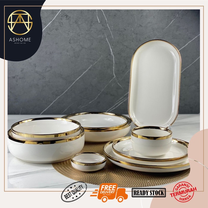 Promo Satu Set Lengkap Isi 10 Pcs Piring Putih List Emas