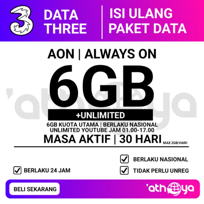 KUOTA TRI 6GB+UNLIMITED AON 30 HARI ALWAYS ON PAKET DATA TRI THREE