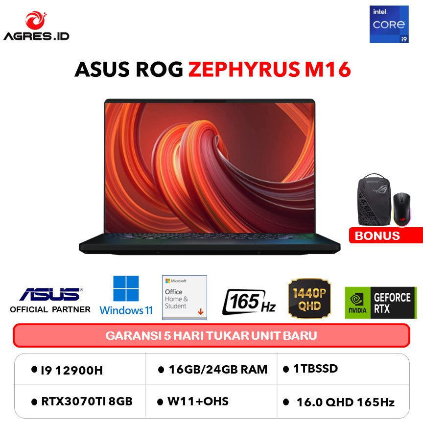 ASUS ROG ZEPHYRUS M16 GU603ZW I9 12900H RTX3070TI 8GB/ 24GB 1TB 16.0QHD 165HZ W11+OHS (BOX MOU) BLK 