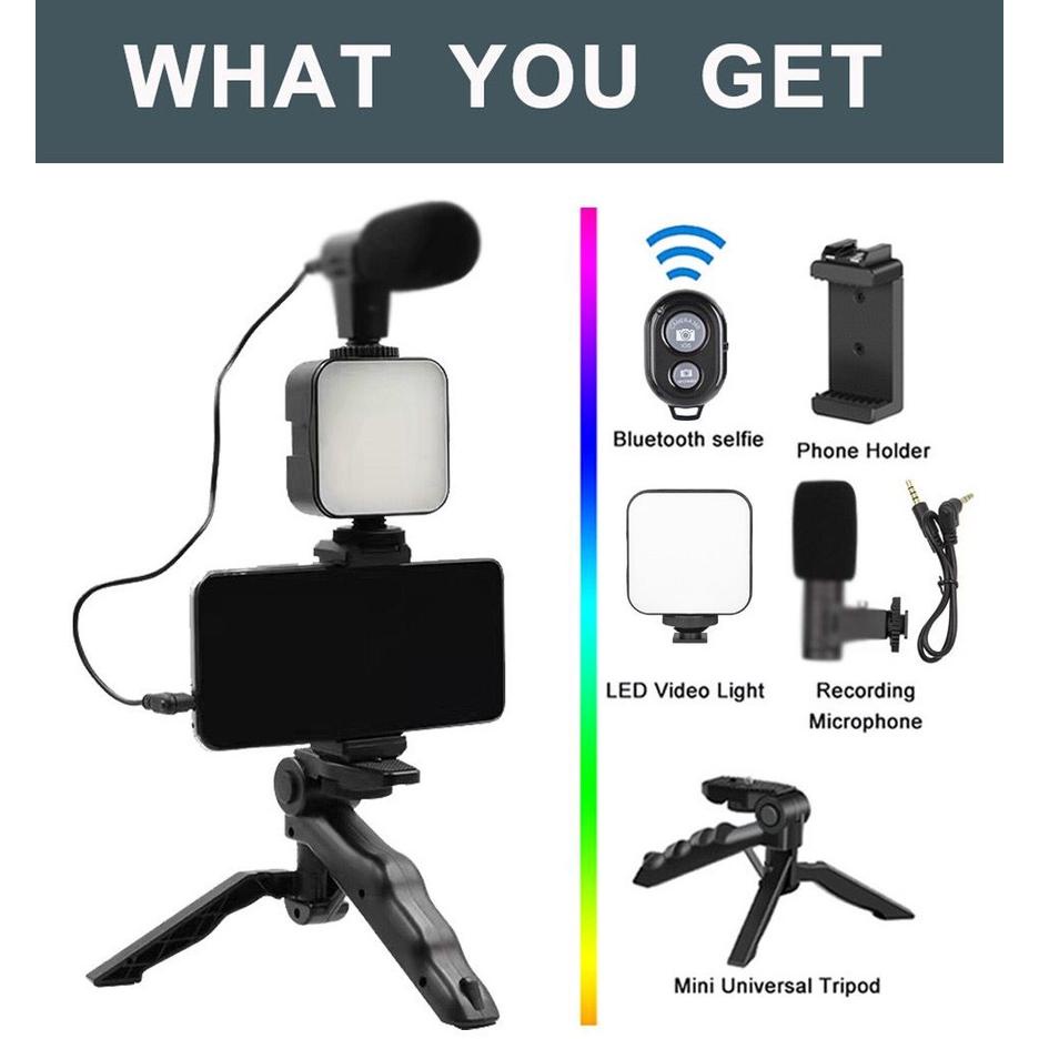 COD Vlogging KIT Alat Paket Vlog Hp Lengkap Youtuber Vloger 5in1 LED Video Light Phone Holder Tripod
