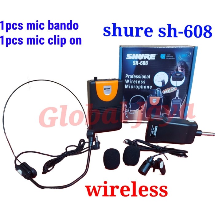 wireless mic shure sh 608 mic clip on+mic bando mic jepit tanpa kabel