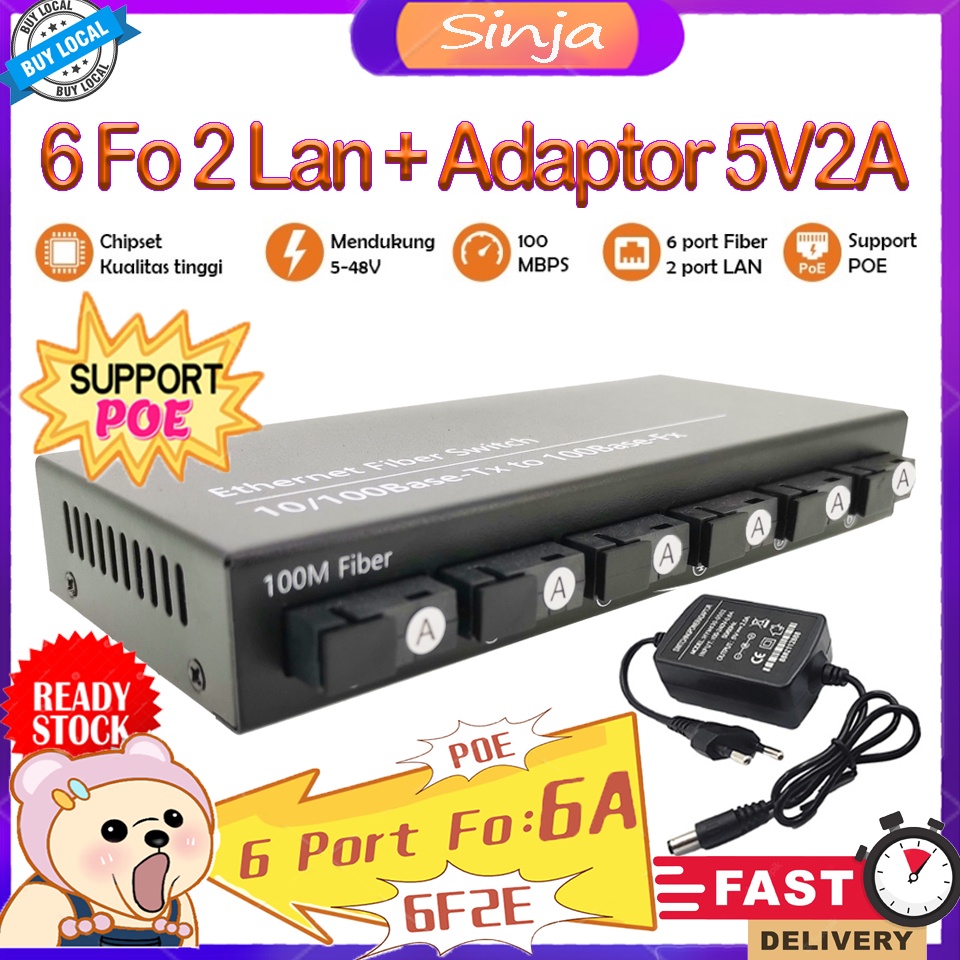 [6*Fo: 6A] Media Converter 6 Fo 2 Lan Poe 5-12V Ethernet Switch Htb 2Fo 6Lan 6F2E 10/100 Mbps Fiber 