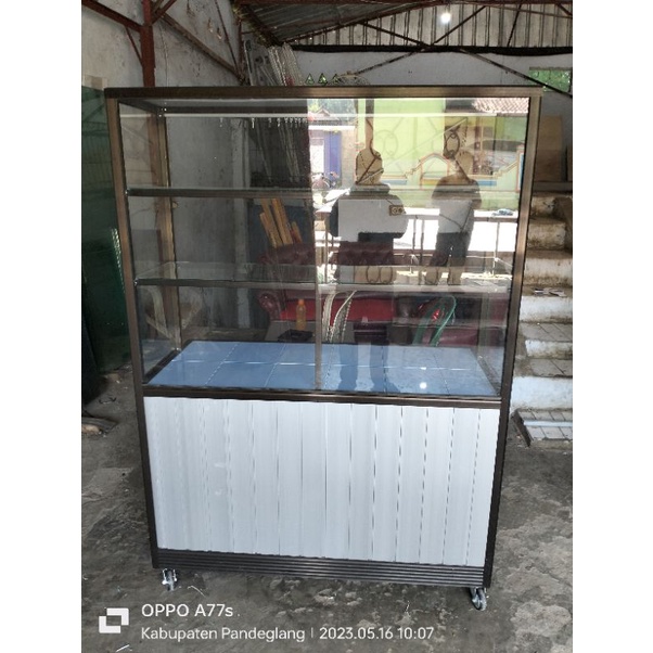 etalase makanan p.120 aluminium coklat meja keramik