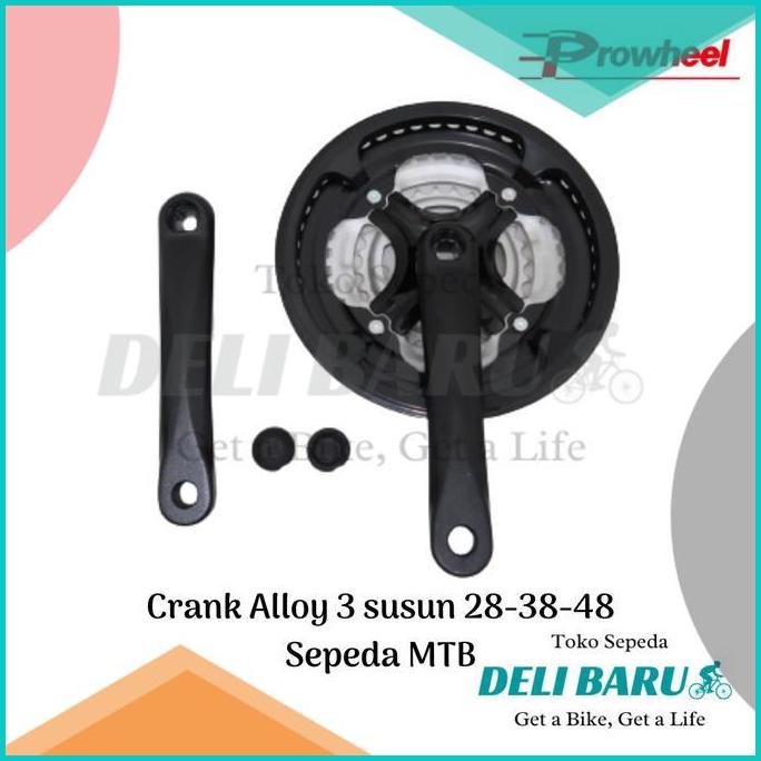 Prowheel Crank 3 susun alloy hitam silver 28 38 48T sepeda MTB 20JVLZ