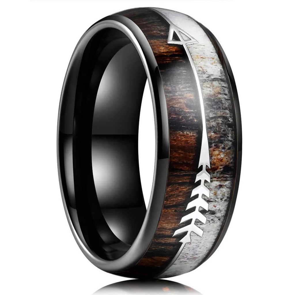 Cincin Baja Tahan Karat Titanium Hitam 8Mm Mode untuk Pria Wanita dengan Rusa Tanduk Koa Kayu Panah 