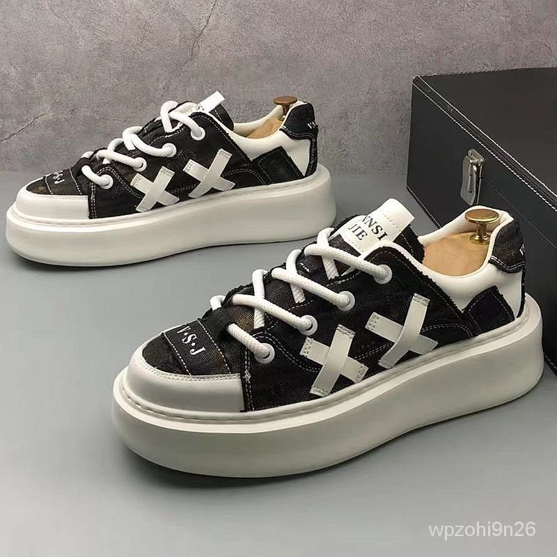 Sepatu Pria Sol Tebal Kanvas Tide Sepatu Bernapas Sepatu Tinggi Meningkatkan Sol Sepatu Denim Pria