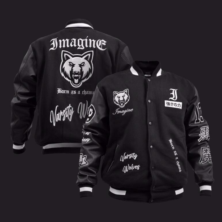 Jaket Pria Kece Abizz Imagineco Varsity Jacket Wolves Black"