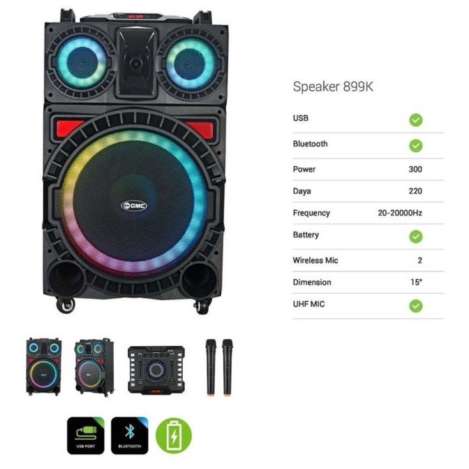 SPEAKER GMC 899K BT 15inch + 2 MIC WIRELESS