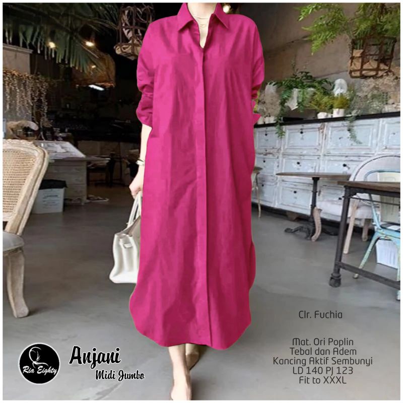 Anjani Midi Jumbo Dress Maxy Polos Fuchia Lime Sage Green Katun Linen Premium Ld 140 Super Jumbo Fit