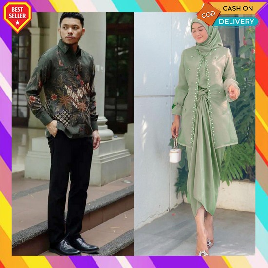 Baju Couple Pasangan Kekinian Kemeja Dan Dress Motif Inara Series Tunik Batik Wanita Lengan Panjang 