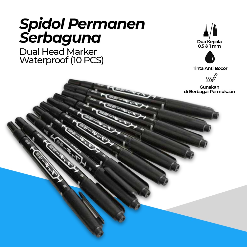 

Pena Spidol Permanen Dual Head Marker Waterproof 10PCS - Black