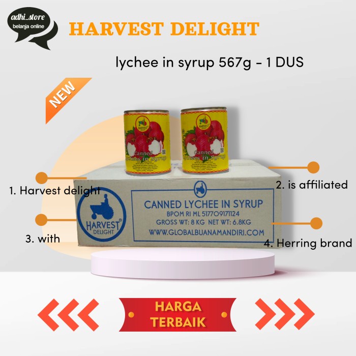 

Harvest delight lychee in syrup / Buah leci kaleng 567gr - 1 Dus