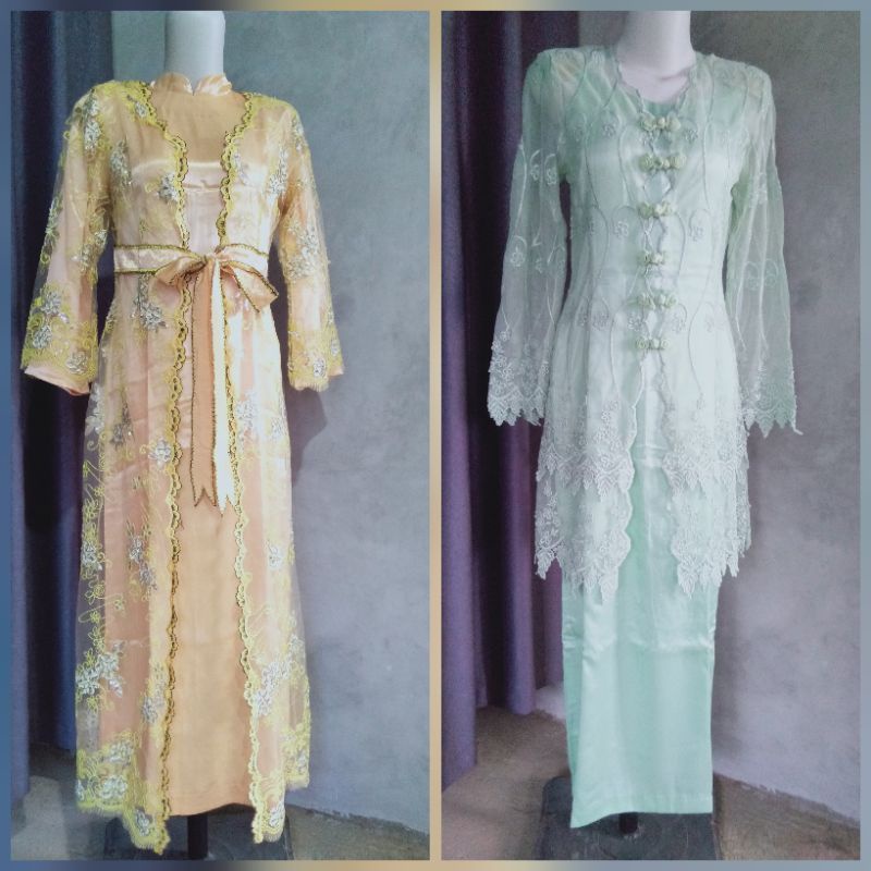 Gamis dress outer brukat premium pl warna kuning dan sage mint
