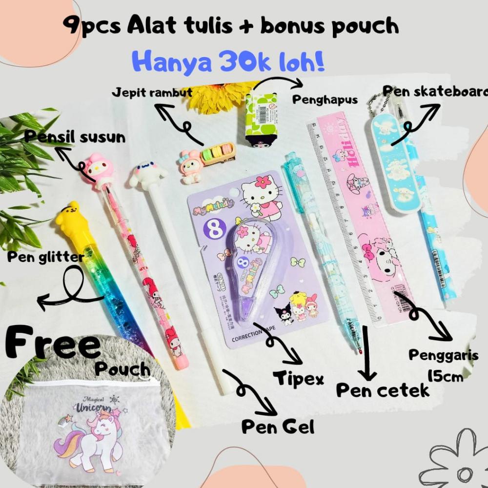 

Promo Paket Alat Tulis SANRIO 30RB Super Lengkap isi 9 Alat Tulis+Free Pouch / Bundle Paket Hemat Atk Sanrio Kuromi Cinnamoroll [4 Pulpen + Pensil Susun+ Penghapus + Jepit rambut + penggaris + tipex] bisa Grosir dan COD Murah