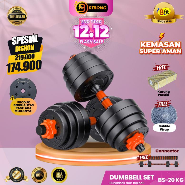 MURAH B-STRONG BS-20 FITNESS DUMBBELL BARBEL SET - 20KG MULTIFUNCTIONAL 3IN1 SNOW