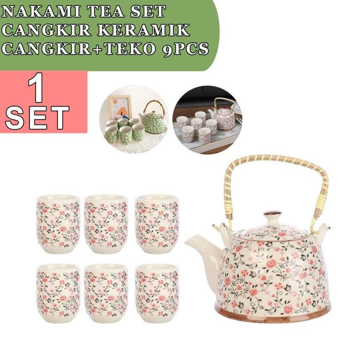 TEA SET JEPANG / GELAS+TEKO NAKAMI / GELAS KERAMIK / ISI 9PCS HERNANDUSANDRE