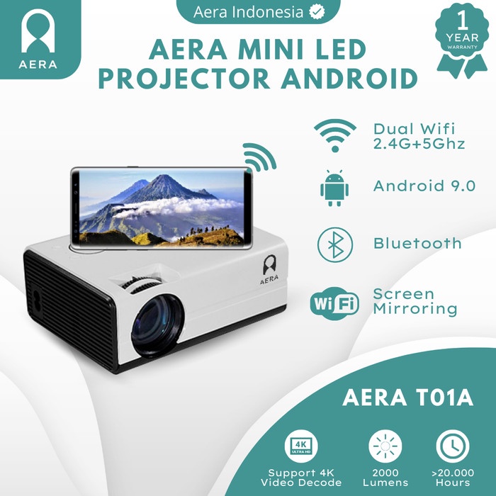 AERA PROJECTOR T01A ANDROID 9 SCREEN MIRRORING BLUETOOTH 2000 LUMENS