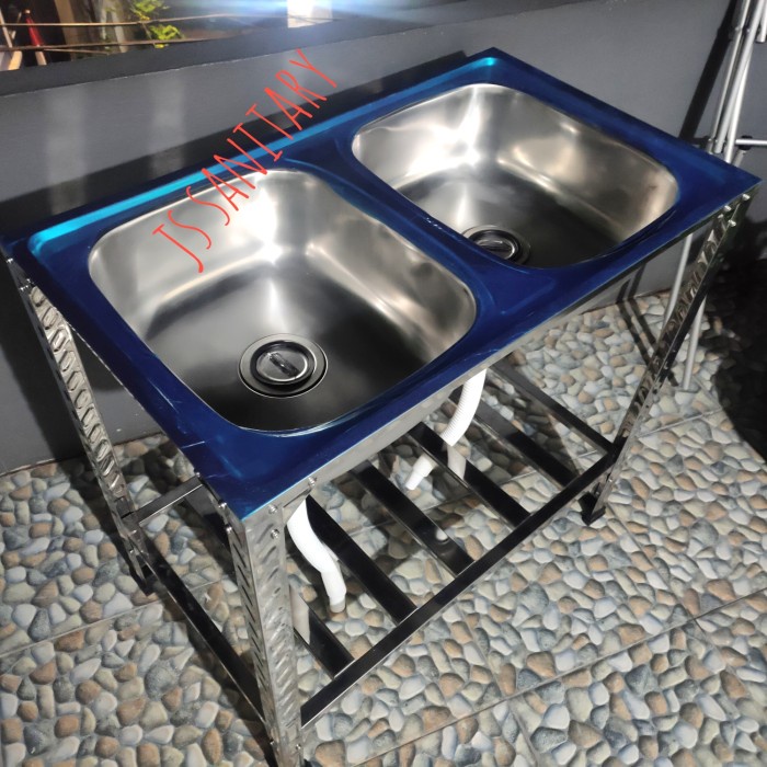 [Baru] Bak Cuci Piring Meja Stainless  Kaki Portable 2 Lobang 80Cm Berkualitas