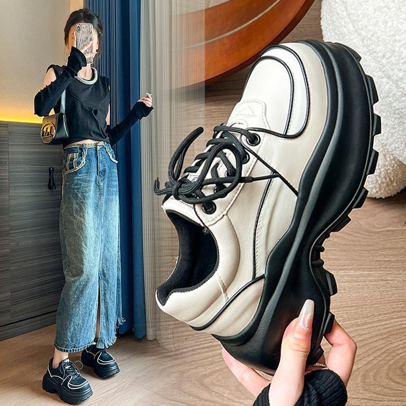

Women's Platform Leather Shoes British Style Black Single Shoes