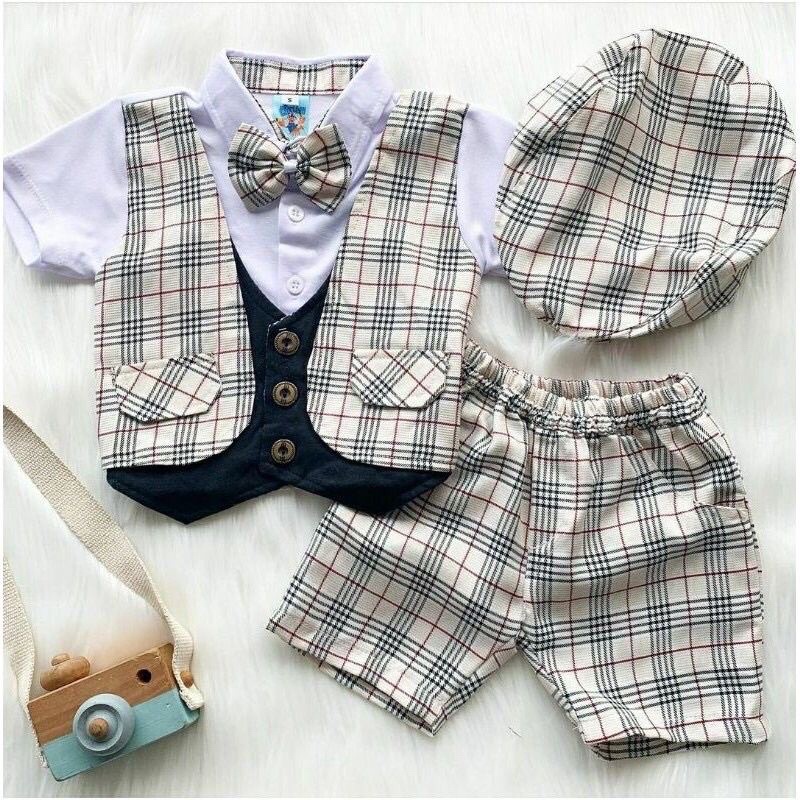 BAJU BAYI LAKI LAKI ROMPI 6 12 BULAN TUXEDO SET TOPI DASI KOSTUM BAYI COWOK KEMEJA