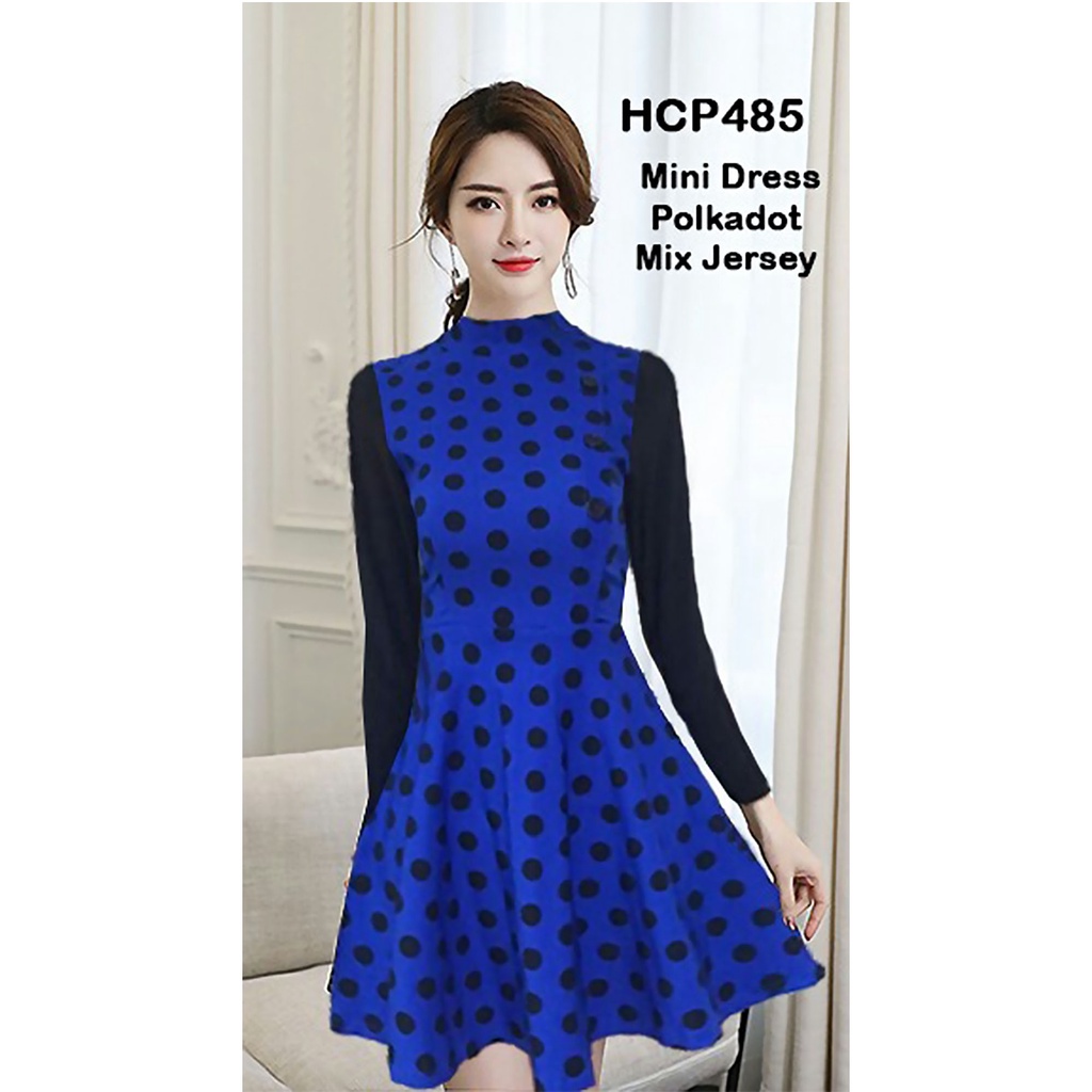485 Dress Mini: Wanita Korea dengan Dress Mini Lengan Panjang, Motif Polkadot, Mix Jersey, Warna Bir