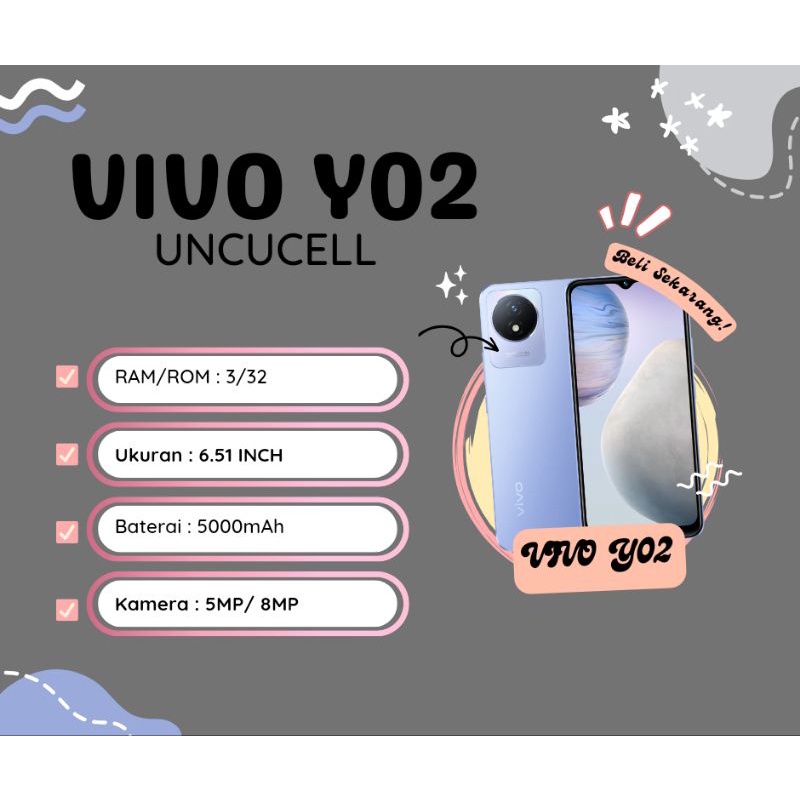 VIVO Y02 | VIVO Y02t | RAM 3 ROM 32 | RAM 4+4/64GB | 5000mAh Battery | Garansi 1 Tahun