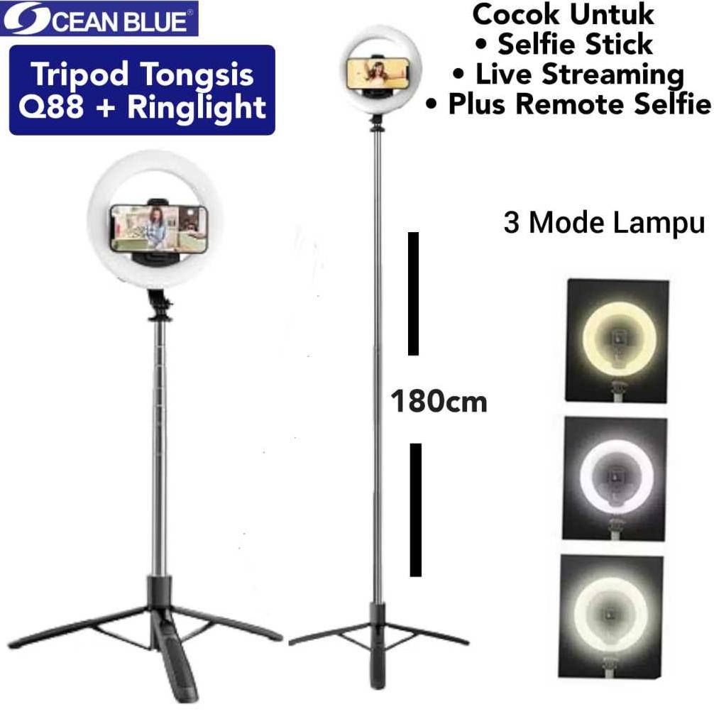 Tripod Tongsis Ringlight 180cm Ocean Blue Q88 Remote Shutter Bluetooth Vlog Make Up Lampu Ring Light