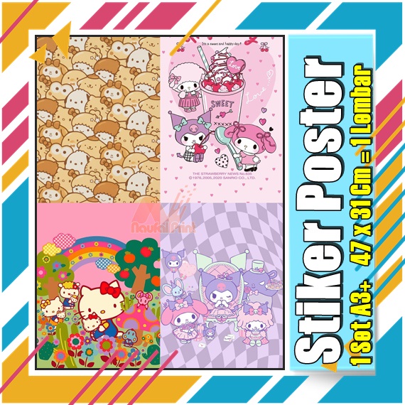 Stiker Poster A3 Hello Kitty My melodi kucing Karton Pink Lucu Imut Anak Gambar Cetak Sticker Custom