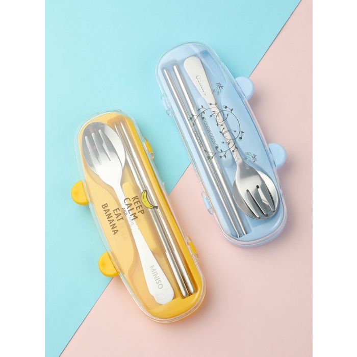 Terbaru Miniso Set Sendok Garpu Sumpit 3 Pcs Travel Peralatan Makan Stainless