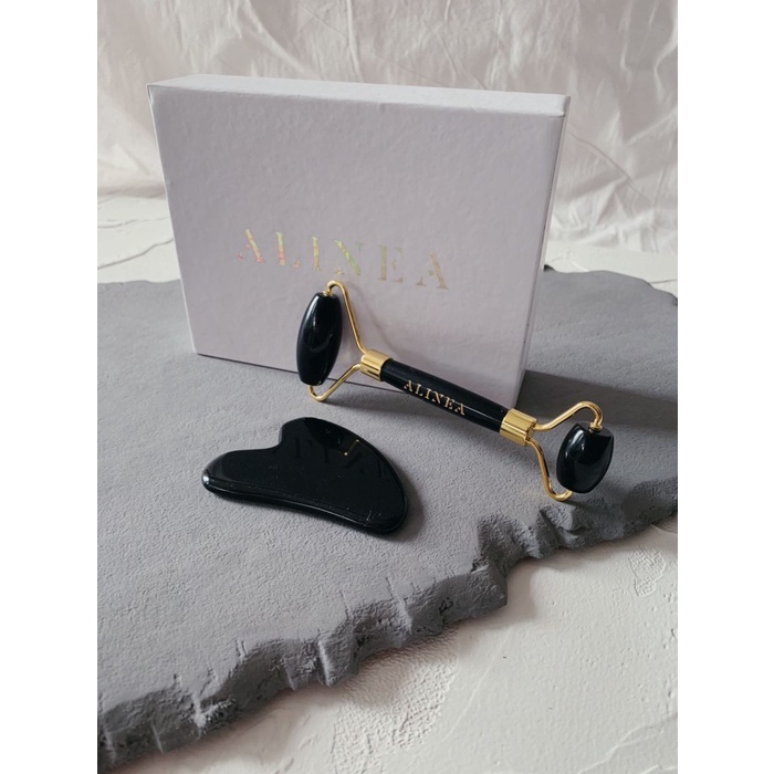 [New Ori] [Paket] Obsidian Face Roller  Obsidian Gua Sha Massage Tool Diskon