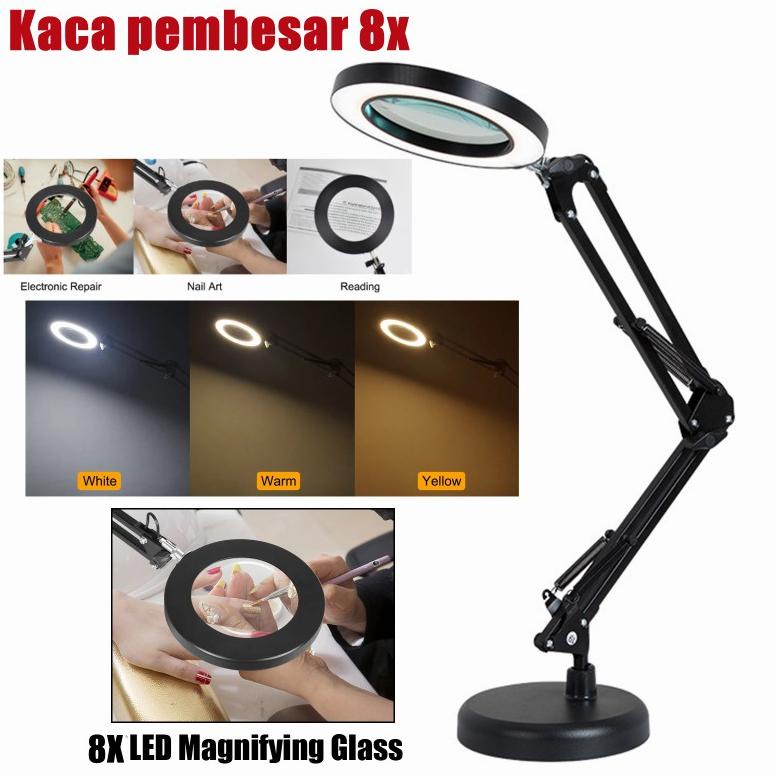 Meja Fleksibel Kaca Pembesar LED USB 8X Besar 3 Warna Lampu Pembesar Diterangi Lampu Pembesar Loupe 