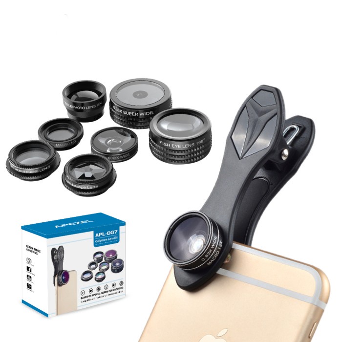 [Original] Apexel 7 In 1 Camera Lens Hp 2X Portrait Lens Fisheye Wide Angle Macro Terbaru