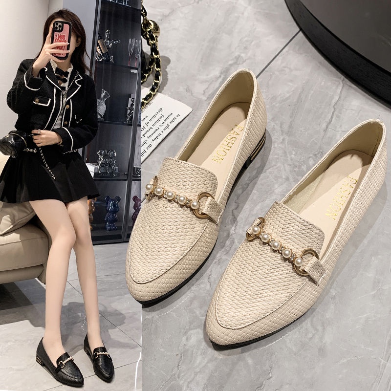 Women's Pearl All-Match Leather British Flat Lazy Tods Casual Shoes