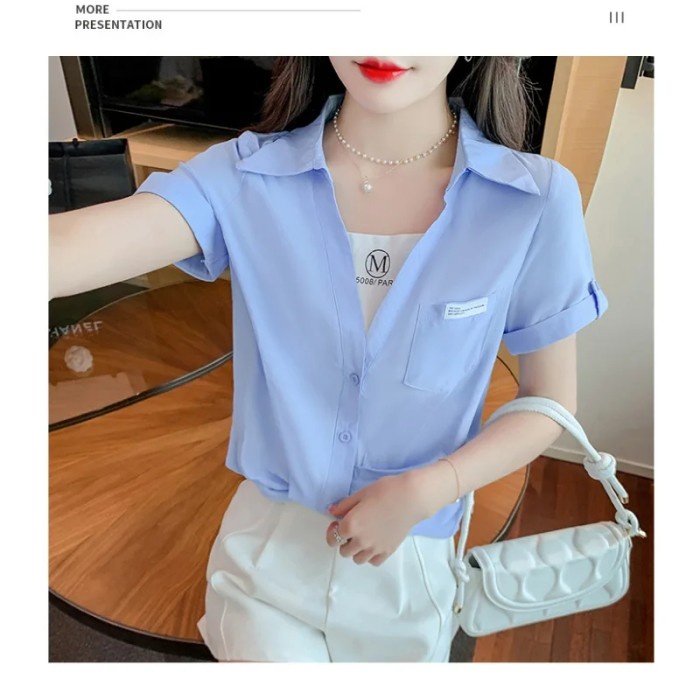 [COD] Blouse Atasan Wanita Warna Biru Model Kerah Terbuka Cantik Korea Lenga Terbatas