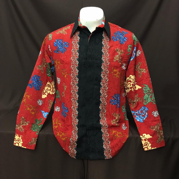 [COD] Ktp2008008 Batik Sutra Putih Kemeja Tangan Panjang Premium Merah Berkualitas