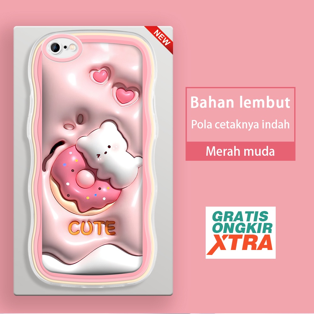 Apple iPhone 6 6S 7 8 11 PRO PLUS SE X XR XS MAX  Casing Ponsel  Pola Kelinci Cinta Donut 3D  warna-