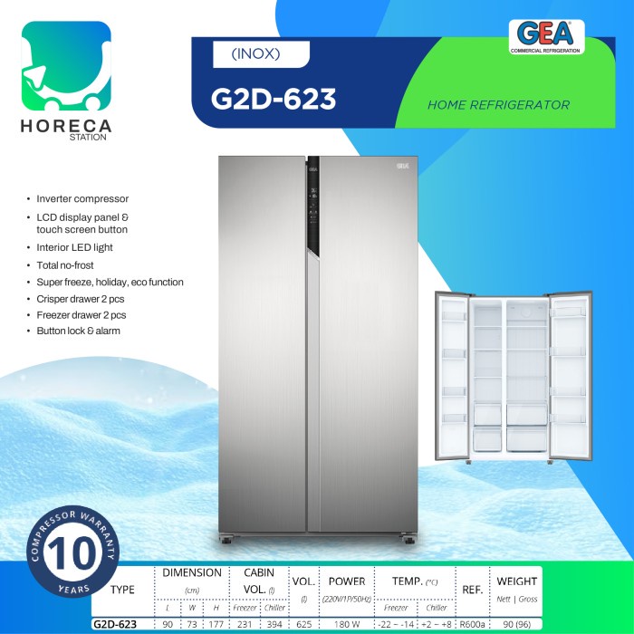 ✨Original Gea Kulkas Rumah 2 Pintu Inox Side By Side G2D-623 / G2D 623 / G2D623 Berkualitas
