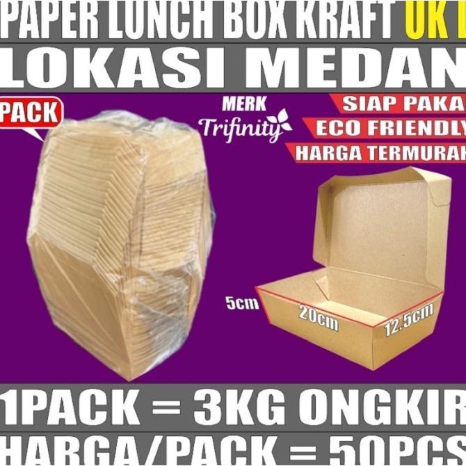 <<<<<] Paper Lunch Box Tutup Kraft Coklat Uk L TRIFINITY Pack 50pcs Medan