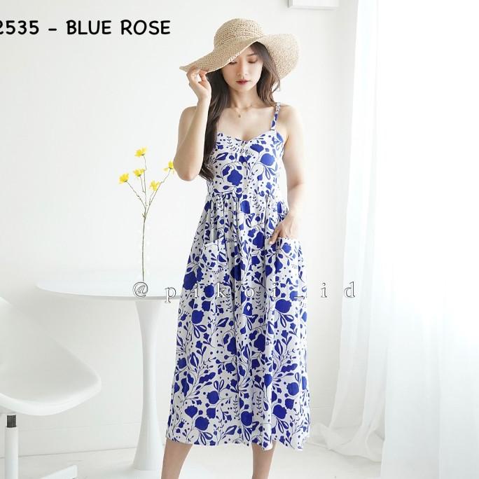 Maxi Dress Wanita Katun Rayon Motif Bunga Biru / Tanktop Dress Hnm Terbaik