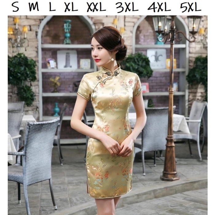Dress Cheongsam Wanita Qipao Kuning Emas Gold Pendek Sincia Imlek