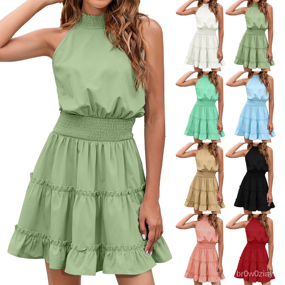 Cross-Border European and American Style Dress Amazon New Halter Bohemian Casual Sleeveless Pleated 