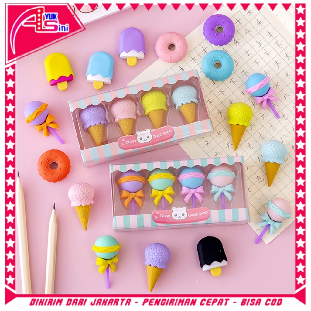 

AS Penghapus 4 pcs/set penghapus lucu bentuk es krim penghapus lolipop donat penghapus pensil karakter sweet pengahpus anak sekolah karakter penghapus lucu