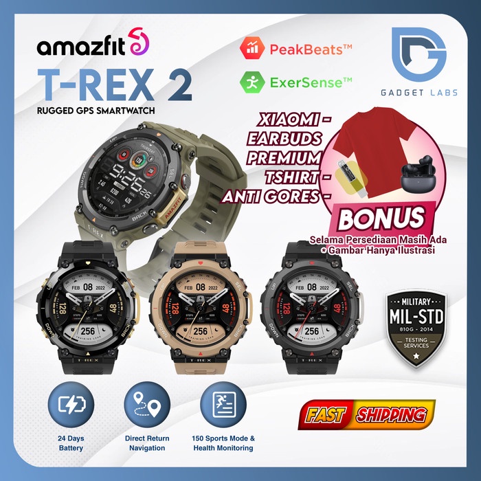 NEW AMAZFIT T-REX 2 SMARTWATCH MILITARY STD AMOLED DISPLAY GARANSI RESMI ORIGINAL TERBARU