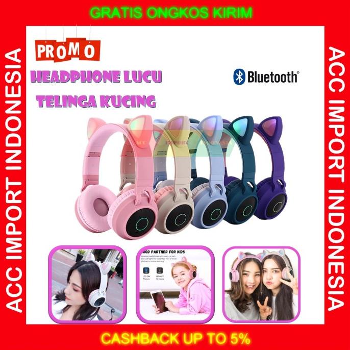 Headset Headphone Headphone Anak Motif Karakter Cat Kucing lucu Lampu