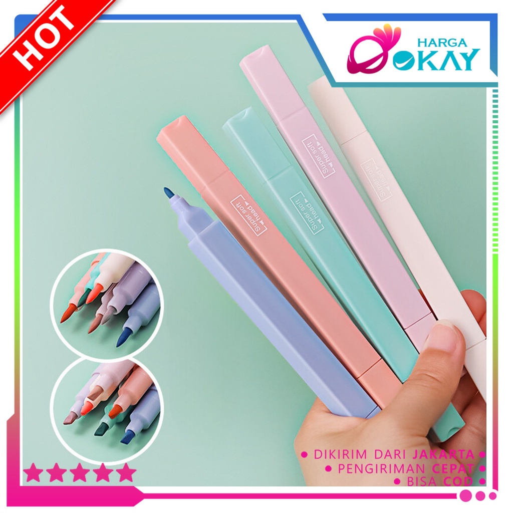 

HO Penanda Buku Warna Warni Pena Kepala Ganda Ujung Lembut Highlighter Dua Sisi Warna pastel 6 Pcs Pastel Pen Diary Marker Stationery Lucu Unik