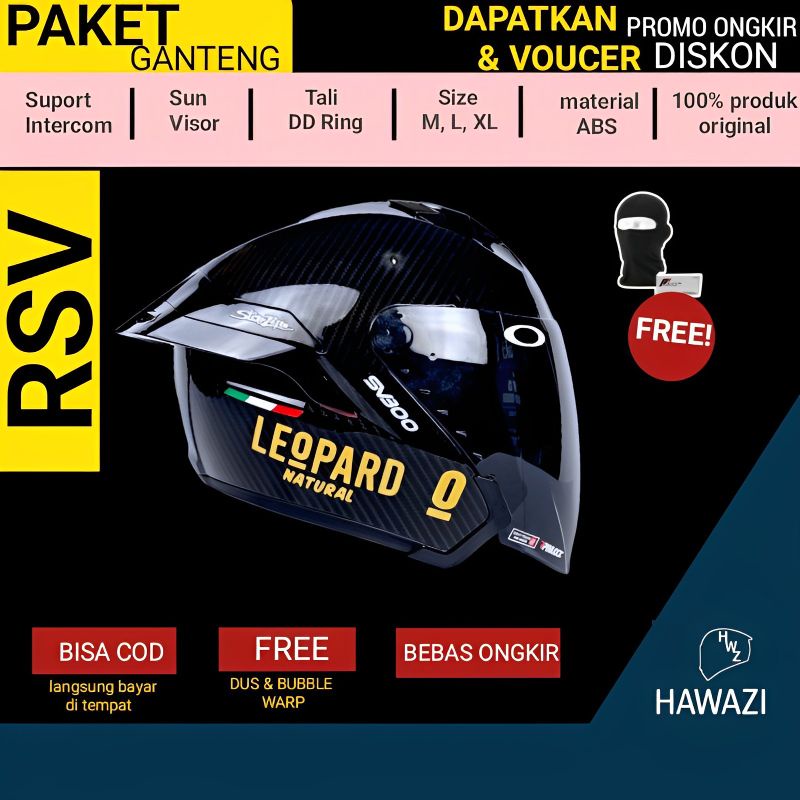 RSV SV300 CARBON GLOSSY PAKET GANTENG LEOPARD | HELM RSV HALF FACE