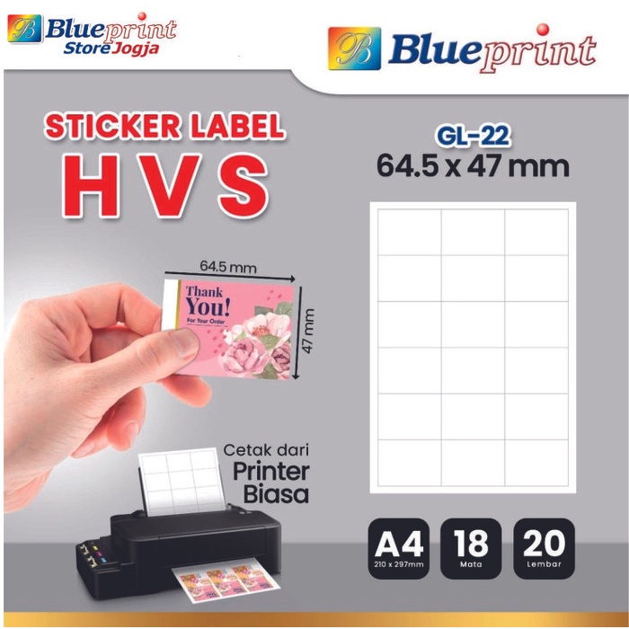 

/////] Kertas Stiker Label HVS Doff A4 BLUEPRINT Uk 64,5 x 47 mm - 20 lembar