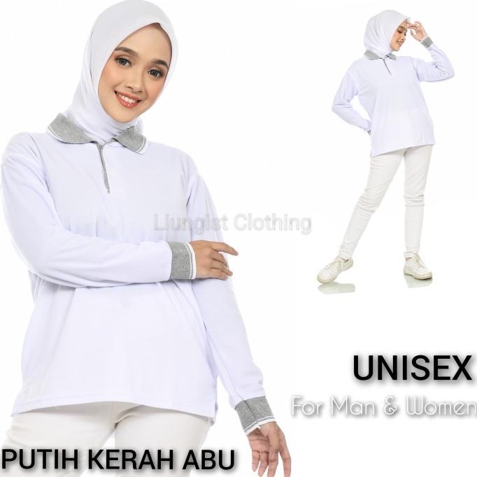 Kaos Polo Panjang Putih Kerah Abu / Kaos Kerah Panjang / Poloshirt