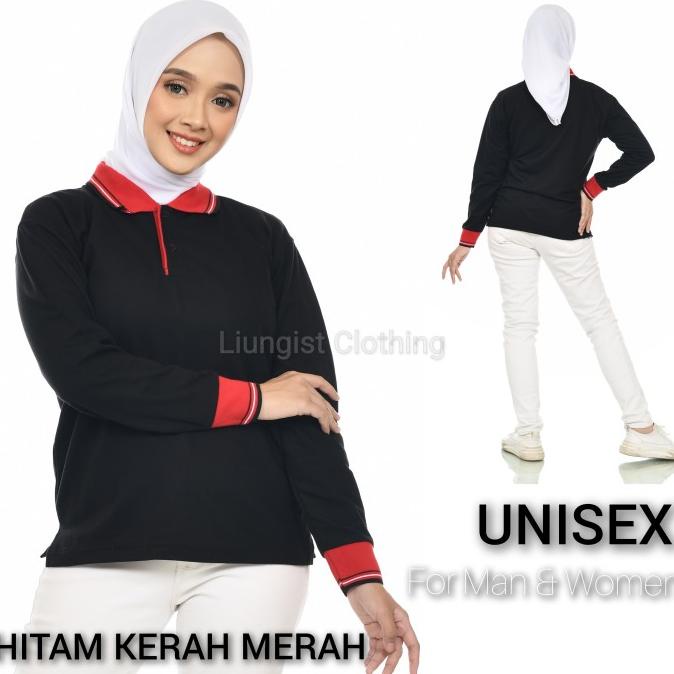 Kaos Polo Panjang Hitam Kerah Merah / Kaos Kerah Panjang